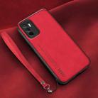 For Xiaomi Redmi Note 10 4G Lamba Skin Feel Leather Back Phone Case with Strap(Red) - 1