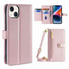 For iPhone 14 Sheep Texture Cross-body Zipper Wallet Leather Phone Case(Pink) - 1