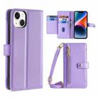 For iPhone 14 Sheep Texture Cross-body Zipper Wallet Leather Phone Case(Purple) - 1