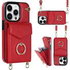 For iPhone 14 Plus Ring Holder RFID Card Slot Phone Case with Long Lanyard(Red) - 1