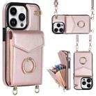 For iPhone 14 Plus Ring Holder RFID Card Slot Phone Case with Long Lanyard(Rose Gold) - 1