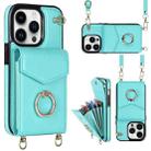 For iPhone 14 Plus Ring Holder RFID Card Slot Phone Case with Long Lanyard(Mint Green) - 1