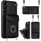 For Samsung Galaxy S22 5G Ring Holder RFID Card Slot Phone Case with Long Lanyard(Black) - 1