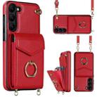For Samsung Galaxy S22 5G Ring Holder RFID Card Slot Phone Case with Long Lanyard(Red) - 1