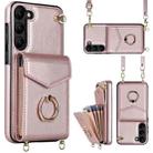 For Samsung Galaxy S22 5G Ring Holder RFID Card Slot Phone Case with Long Lanyard(Rose Gold) - 1