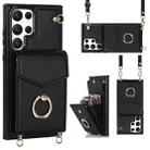 For Samsung Galaxy S22 Ultra 5G Ring Holder RFID Card Slot Phone Case with Long Lanyard(Black) - 1