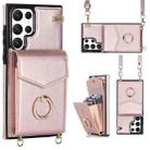 For Samsung Galaxy S22 Ultra 5G Ring Holder RFID Card Slot Phone Case with Long Lanyard(Rose Gold) - 1