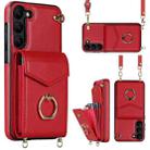 For Samsung Galaxy S23 5G Ring Holder RFID Card Slot Phone Case with Long Lanyard(Red) - 1