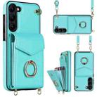 For Samsung Galaxy S23 5G Ring Holder RFID Card Slot Phone Case with Long Lanyard(Mint Green) - 1