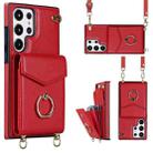 For Samsung Galaxy S23 Ultra 5G Ring Holder RFID Card Slot Phone Case with Long Lanyard(Red) - 1