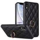 For iPhone XR Rhombic PU Leather Phone Case with Ring Holder(Black) - 1