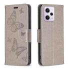 For Xiaomi Redmi Note 12 Pro 5G Global Embossing Two Butterflies Pattern Leather Phone Case(Grey) - 1