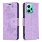 For Xiaomi Redmi Note 12 Global Embossing Two Butterflies Pattern Leather Phone Case(Purple) - 1