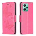 For Xiaomi Redmi Note 12 Global Embossing Two Butterflies Pattern Leather Phone Case(Rose Red) - 1