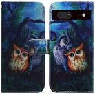 For Google Pixel 7a Coloured Drawing Flip Leather Phone Case(Oil Painting Owl) - 1
