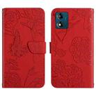 For Motorola Moto E13 4G HT03 Skin Feel Butterfly Embossed Flip Leather Phone Case(Red) - 1