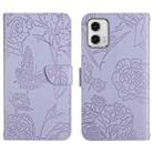 For Motorola Moto G73 5G HT03 Skin Feel Butterfly Embossed Flip Leather Phone Case(Purple) - 1