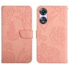 For OPPO A58 5G/A78 5G HT03 Skin Feel Butterfly Embossed Flip Leather Phone Case(Pink) - 1