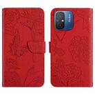 For Xiaomi Redmi 11A 4G HT03 Skin Feel Butterfly Embossed Flip Leather Phone Case(Red) - 1