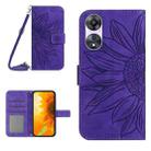 For OPPO A58 5G/A78 5G HT04 Skin Feel Sun Flower Embossed Flip Leather Phone Case with Lanyard(Dark Purple) - 1