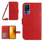 For TCL 40 SE HT04 Skin Feel Sun Flower Embossed Flip Leather Phone Case with Lanyard(Red) - 1