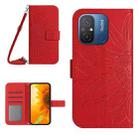 For Xiaomi Redmi 11A 4G HT04 Skin Feel Sun Flower Embossed Flip Leather Phone Case with Lanyard(Red) - 1