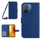 For Xiaomi Redmi 11A 4G HT04 Skin Feel Sun Flower Embossed Flip Leather Phone Case with Lanyard(Dark Blue) - 1
