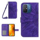 For Xiaomi Redmi 11A 4G HT04 Skin Feel Sun Flower Embossed Flip Leather Phone Case with Lanyard(Dark Purple) - 1