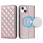 For iPhone 14 Plus Rhombic MagSafe RFID Anti-Theft Wallet Leather Phone Case(Rose Gold) - 1