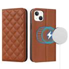 For iPhone 14 Plus Rhombic MagSafe RFID Anti-Theft Wallet Leather Phone Case(Brown) - 1