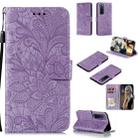 For Huawei Nova 7 Pro Lace Flower Embossing Pattern Horizontal Flip Leather Case , with Holder & Card Slots & Wallet & Photo Frame & Lanyard(Purple) - 1