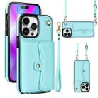 For iPhone 14 Pro Max RFID Card Slot Phone Case with Long Lanyard(Mint Green) - 1