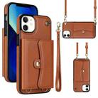 For iPhone 12 RFID Card Slot Phone Case with Long Lanyard(Brown) - 1