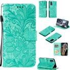 For Galaxy A41 Lace Flower Embossing Pattern Horizontal Flip Leather Case , with Holder & Card Slots & Wallet & Photo Frame & Lanyard(Green) - 1