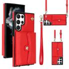 For Samsung Galaxy S22 Ultra 5G RFID Card Slot Leather Phone Case with Long Lanyard(Red) - 1