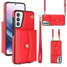 For Samsung Galaxy S21 5G RFID Card Slot Leather Phone Case with Long Lanyard(Red) - 1