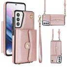 For Samsung Galaxy S21 5G RFID Card Slot Leather Phone Case with Long Lanyard(Rose Gold) - 1