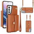 For Samsung Galaxy S21 5G RFID Card Slot Leather Phone Case with Long Lanyard(Brown) - 1