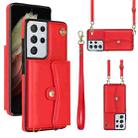 For Samsung Galaxy S21 Ultra 5G RFID Card Slot Leather Phone Case with Long Lanyard(Red) - 1