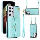 For Samsung Galaxy S21 Ultra 5G RFID Card Slot Leather Phone Case with Long Lanyard(Mint Green) - 1