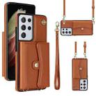 For Samsung Galaxy S21 Ultra 5G RFID Card Slot Leather Phone Case with Long Lanyard(Brown) - 1