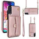 For Samsung Galaxy A70 RFID Card Slot Leather Phone Case with Long Lanyard(Rose Gold) - 1