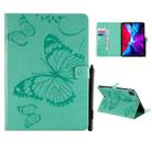 For iPad Pro 12.9 (2020) Pressed Printing Butterfly Pattern Horizontal Flip Leather Tablet Case with Holder & Card Slots & Wallet(Green) - 1