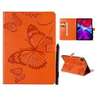 For iPad Pro 12.9 (2020) Pressed Printing Butterfly Pattern Horizontal Flip Leather Tablet Case with Holder & Card Slots & Wallet(Orange) - 1