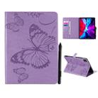 For iPad Pro 12.9 (2020) Pressed Printing Butterfly Pattern Horizontal Flip Leather Tablet Case with Holder & Card Slots & Wallet(Purple) - 1