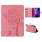 For iPad Pro 12.9 (2020) Pressed Printing Cat and Tree Pattern Horizontal Flip Leather Tablet Case with Holder & Card Slots & Wallet(Pink) - 1