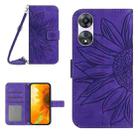 For OPPO Reno8 T 5G/A1 Pro 5G HT04 Skin Feel Sun Flower Embossed Flip Leather Phone Case with Lanyard(Dark Purple) - 1