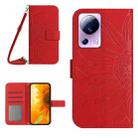 For Xiaomi 13 Lite HT04 Skin Feel Sun Flower Embossed Flip Leather Phone Case with Lanyard(Red) - 1