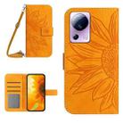 For Xiaomi 13 Lite HT04 Skin Feel Sun Flower Embossed Flip Leather Phone Case with Lanyard(Yellow) - 1