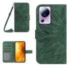 For Xiaomi 13 Lite HT04 Skin Feel Sun Flower Embossed Flip Leather Phone Case with Lanyard(Green) - 1